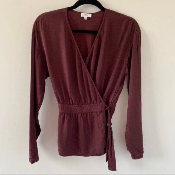 Wilfred Aritzia Anemone Blouse Wrap Tie Up Belted V-neck Truffle Maroon Size XS - Picture 2 of 16